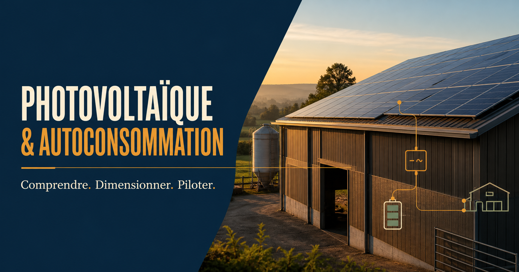 Bâtiment agricole couvert de panneaux photovoltaïques au lever du jour